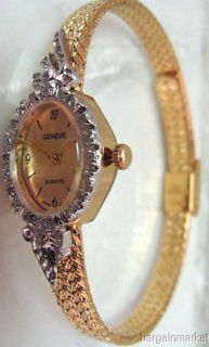 24K Gold Plated 10 Diamonds Geneve Womens Quartz Watch