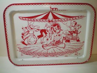 VINTAGE CHILDS BED TRAY W/STAND LAP TRAY RED WHITE METAL 