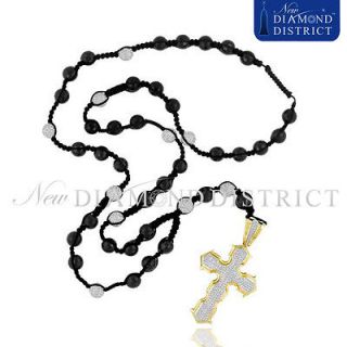   GOLD 22.17CT TOTAL PAVE DIAMOND ROSARY CROSS BEAD BALL CHAIN NECKLACE