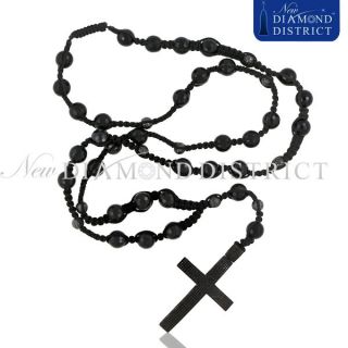   GOLD 12.00CT TOTAL BLACK DIAMOND ROSARY CROSS BEAD BALL CHAIN NECKLACE