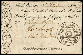 Colonial Currency, SC, March 6, 1776, 100 Pounds