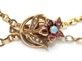 Estate Victorian 8kt Gold Opal Ruby Pearl Flower Slide Chain Pendant 