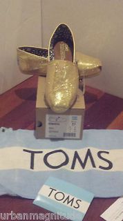 TOMS SHOES GOLD 6.5 GLITTER SEQUINCE FLAT SLIPPERS SLIP ON CANVAS 