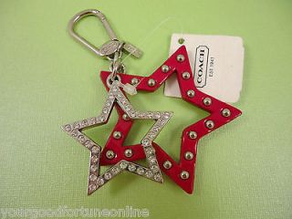 NWT Coach Double Crystal/Leather Star Pink/Magenta Keyring Key Chain 
