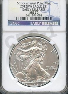 2012(W) SILVER EAGLE STRUCK AT WEST POINT MINT EARLY RELEASES NGC MS70 