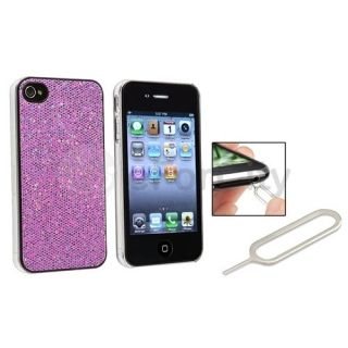   Purple Bling Rear Hard Cover Case+Sim Card Eject Pin For iPhone 4S 4 G