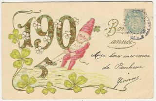Gnomes, Gnome Fishing New Years Date Numbers, old embossed postcard 