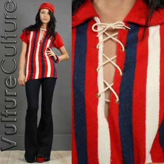 Vintage 60s AMERICANA MOD Terry Cloth FLAG STRIPE Plunging LACE UP 