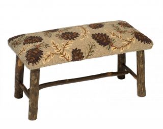 Hooked Wool Entry Bench Hickory Legs Northwoods Cones 15x17x32 Cozy 