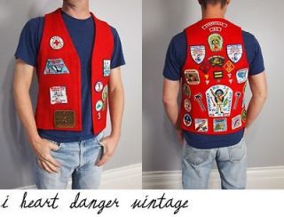 vtg 1960s BOY SCOUT RED FELT VEST with tons of PATCHES uniform shirt