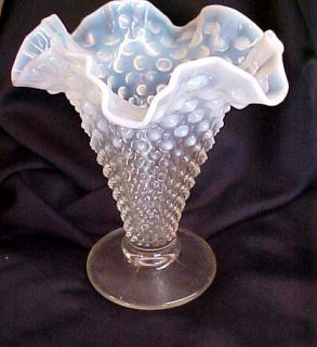 Vintage Fenton Art Glass Prelogo White Opalescent Hobnail Ruffled Vase