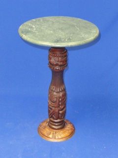 VINTAGE CARVED WOOD & GREEN MARBLE TOP PEDESTAL STAND TABLE
