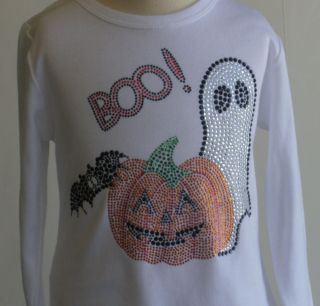 Girls 4T 6 8 10 12 Pumpkin Ghost Bat Halloween BOO rhinestone t shirt