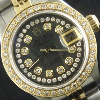 Rolex Ladies TT 18kss Black String Datejust Watch 90+ Diamonds 