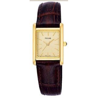 Pulsar Womens PTC386 Gold Tone Brown Leather Strap Watch Watches 