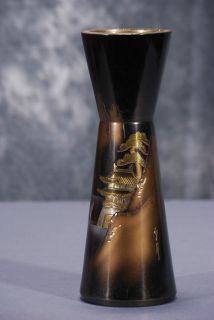 METALLIC VASE WITH ENGRAVED PAGODA AND TREES   BLACK AND GOLD