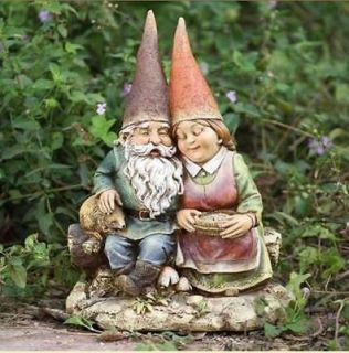 Garden Gnome Loving Couple on Bench Outdoor Decor