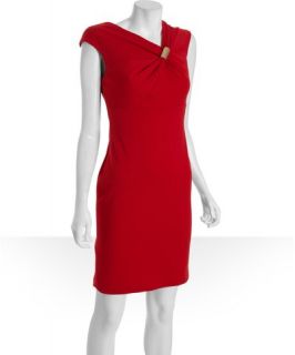 Calvin Klein red stretch knit twisted hardware cap sleeve dress