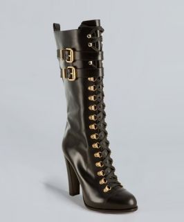 Fendi black leather lace up buckle boots