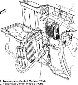Fig. Left front engine compartment view 8.1L engines (1) Transmission 