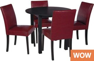 Aston Black Circular Dining Table and 4 Red Chairs. from Homebase.co 