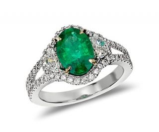 Heirloom Emerald and Half Moon Diamond Ring in 18k White Gold  Blue 