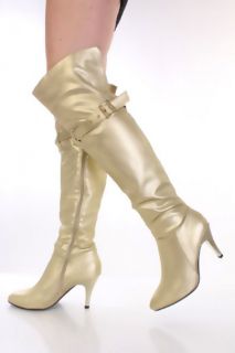 Gold Faux Leather Over The Knee Pointed Toe Boot @ Amiclubwear Boots 