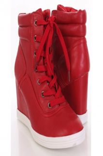 Red Faux Leather Lace Up Tie Closed Toe High Top Sneaker Wedges 