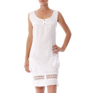 100% lin White Crochet Trim Linen Shift Dress