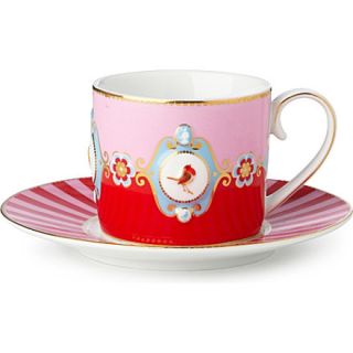 Love birds cup and saucer red⁄pink medallion   LOVE BIRDS 