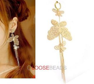 pair Fashion Gold Triple Layer Butterfly Tassel Long Dangle Earrings 