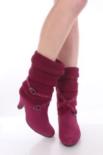 Fuchsia Faux Suede Slouchy Knit Sleeve Strapped Boots @ Amiclubwear 