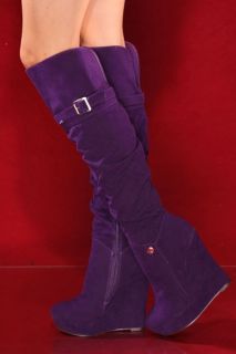 Purple Faux Suede Buckle Accent Knee High Wedge Platform Boots 