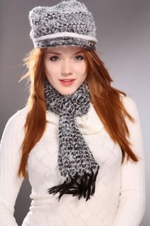 Black Multi Knitted Ruched Center Small Brim Beanie Matching Scarf Set 