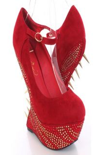 Red Faux Suede Rhinestoned Spike Anti Gravity Wedges @ Amiclubwear 