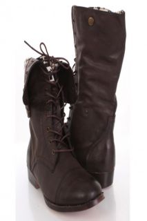 Brown Faux Leather Lace Up Tie Front Foldover Flat Boots @ Amiclubwear 