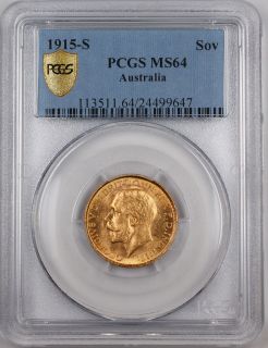 1915 S Australia Gold Sovereign Coin, PCGS MS 64