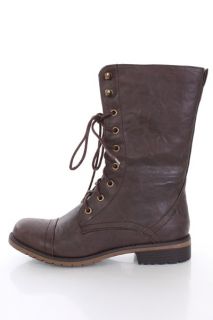 Brown Faux Suede Lace Up Mid Calf Combat Boots @ Amiclubwear Boots 