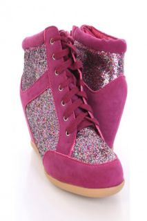 Grape Faux Suede Glitter Lace Up Sneaker Wedges @ Amiclubwear Wedges 