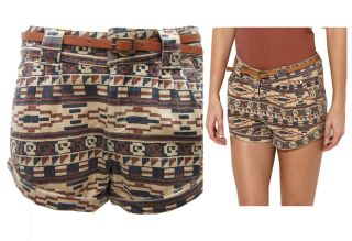NEW LADIES WOMENS AZTEC PATTERNED BELTED SHORTS HOT PANTS SIZE 8 14