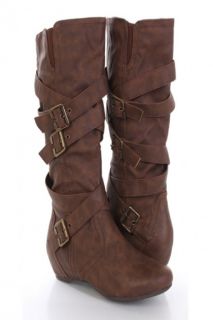 Brown Faux Leather Buckle Strapped Mid Calf Boots @ Amiclubwear Boots 