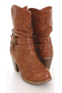 Home / Cognac Faux Leather Slouchy Buckle Strapped Booties