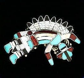 Native Zuni Sterling Turquoise Inlay Rainbow Dancer Pin