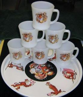 Anchor Hocking Fire King Vintage Esso Tiger Tray w/ 6 coffee Cup/Mug 