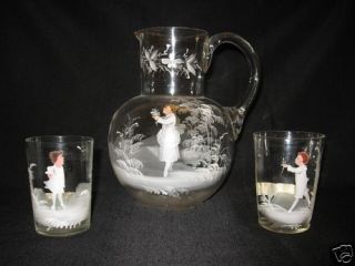 Antique Early Mary Gregory Clear Pitcher & 2 Glasses