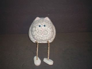   Hand Carved Hand Painted Cat Crackle Finish White Signed James Haddon