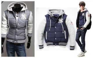 Men Trendy Vintage Hooded NY Winter Coat Baseball Jacket Outwear New 