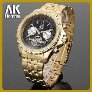 AK Homme mens Gold army pilot Military Stainless Steel Mechanical 