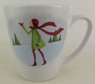 Design Pac White Coffee Mug Girl Winter Scene Snowflakes Red Scarf Hat 