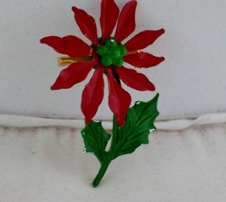 Vintage Red & Green Enamel Christmas Poinsettia Brooch/Pin